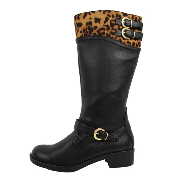 Girls Two Tone Leopard Black Knee High Riding Boot - Picture 2 of 4